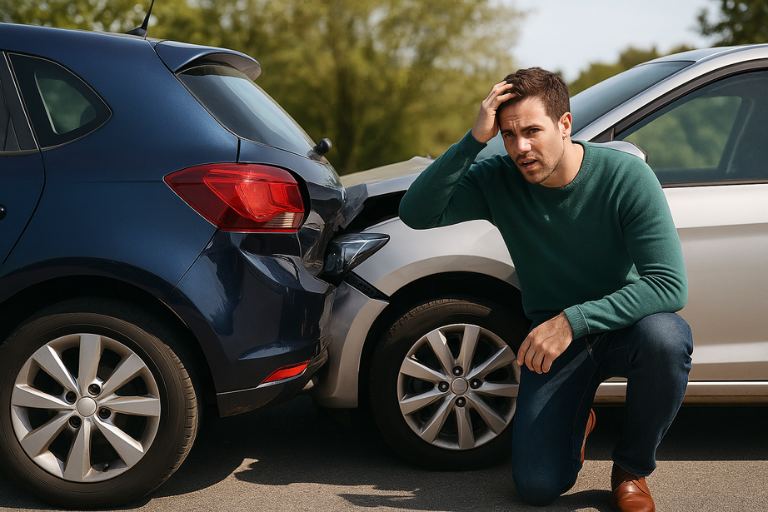 Ein Mann kniet vor seinem Auto. Er ist besorgt, da er gerade einen Unfall hatte. Thematisch geht es darum, dass der Kilometerstand in der Autoversicherung aktualisiert werden soll um Kostenfallen zu vermeiden.